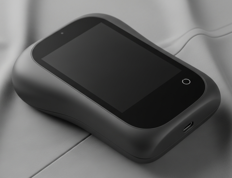 Compact black touchscreen device resting on smooth gray fabric, with a circular button on the right edge.