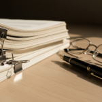 Stack of loose-leaf documents clipped with metal binder clips on a desk, with reading glasses and a black fountain pen nearby.