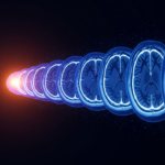 Row of blue brain MRI cross-sections extending to the left with an orange glow at the origin.