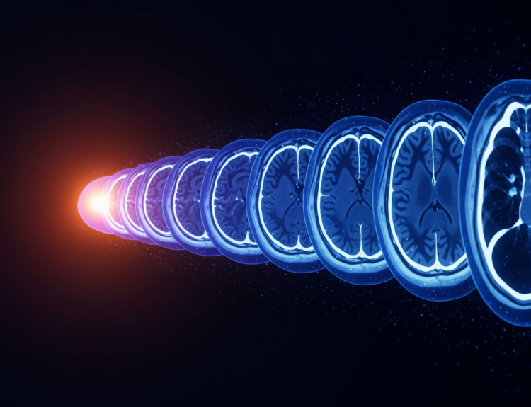 Row of blue brain MRI cross-sections extending to the left with an orange glow at the origin.