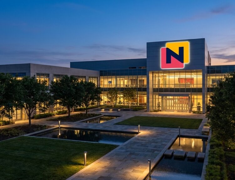 Modern corporate campus at dusk with a glass-front building, illuminated logo 'N' on the facade, and a reflective water feature in a landscaped courtyard.