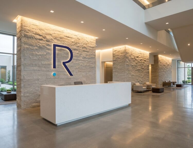 Modern office lobby with a white reception desk, stone veneer walls, and a large blue R logo.