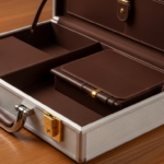 Open silver briefcase with brown leather inserts and a matching portfolio inside on a wooden surface.
