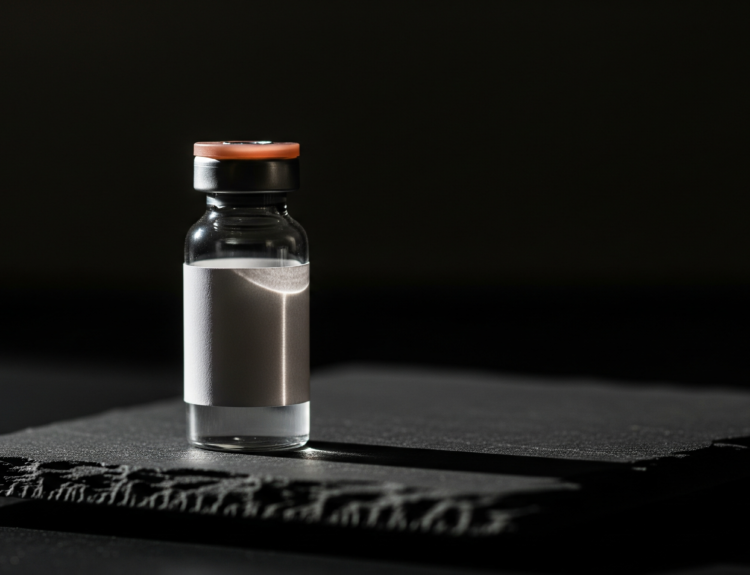 Small glass vial with orange cap on a dark textured surface and black background.