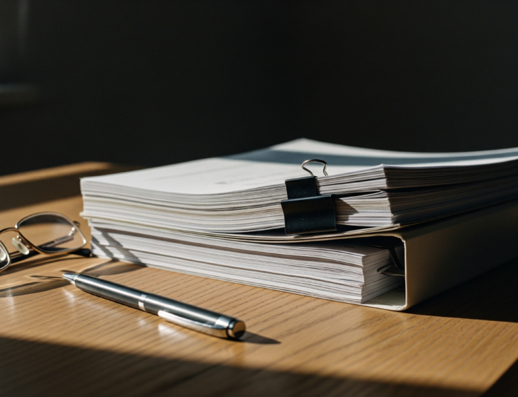 Stack of printed documents clipped with binder clips on a wooden desk, with glasses and a pen nearby.