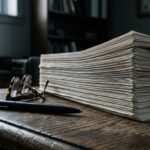 Large stack of papers held with a binder clip on a wooden desk, with a pen and reading glasses nearby.