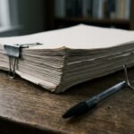 Stack of thick, clipped manuscript pages on a wooden desk with a pen and reading glasses nearby