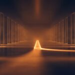 Rows of illuminated panels lining a corridor with a single channel of light running down the centre