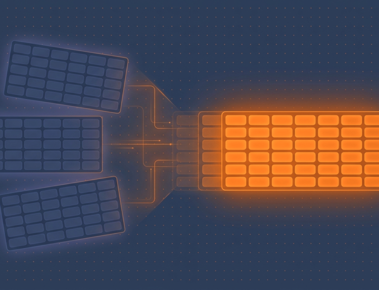 Three misaligned clinical data grids converging into one unified aligned system